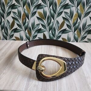 Coldwater Creek L/XL Brown Woven Bonded Leather Contour Belt Gold Buckle 30-42